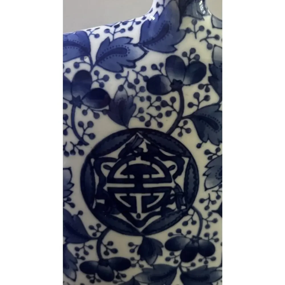Vintage Blue White Floral Porcelain Flat Vase Asian Chinoiserie Decor- Unique